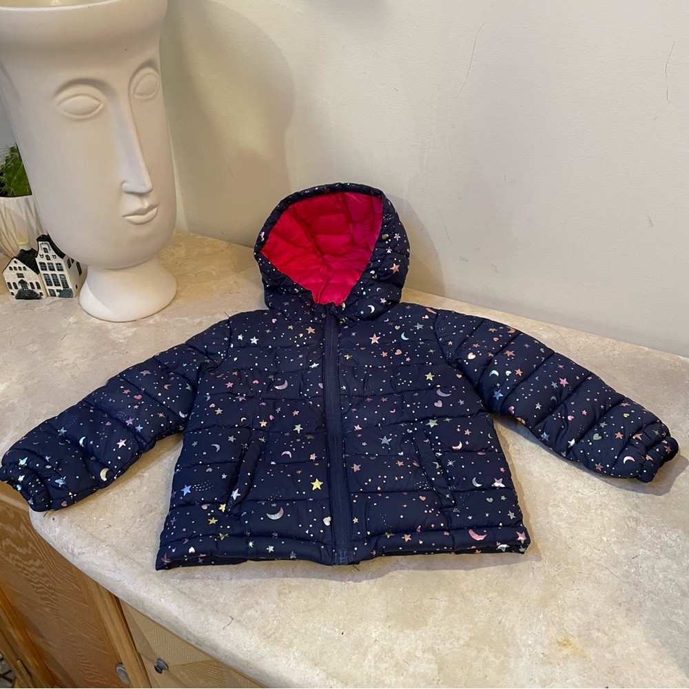 Mountain Warehouse Navy metallic Starry Hooded Jacket Pink Lining 2-3T VGUC!